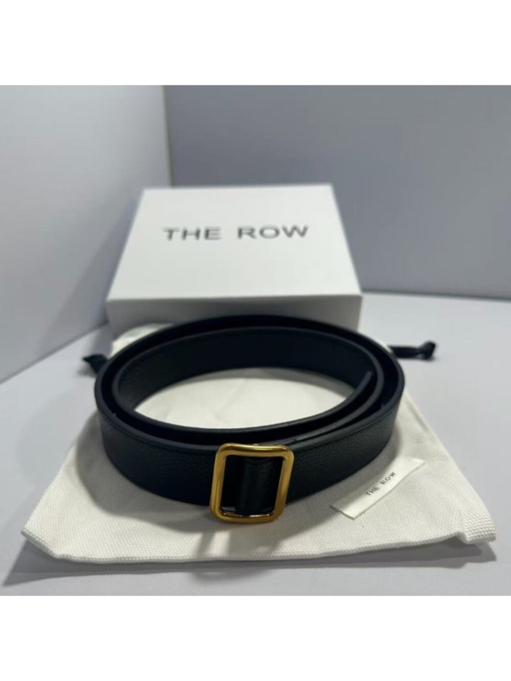 The Row Black Leather Belt with Gold-Tone Rectangular Buckle